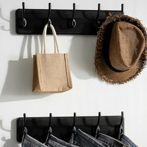 SKOLOO Rustic Wall Mounted Coat Rack, Case of 2, Pine Solid Wood Coat Hook Hanger - 5 Hooks for Hanging Clothes Robes Towels Coats - color: Black Plate & Black Hook, size: 2 Item-5 Hooks