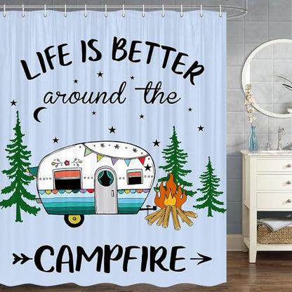 JAWO RV Happy Camper Shower Curtain for Travel Trailer, Farmhouse Style - 60" W x 70" H, Aqua - Hooks Included - color: Multi2, size: 60"W x 70"L (Pack of 1)