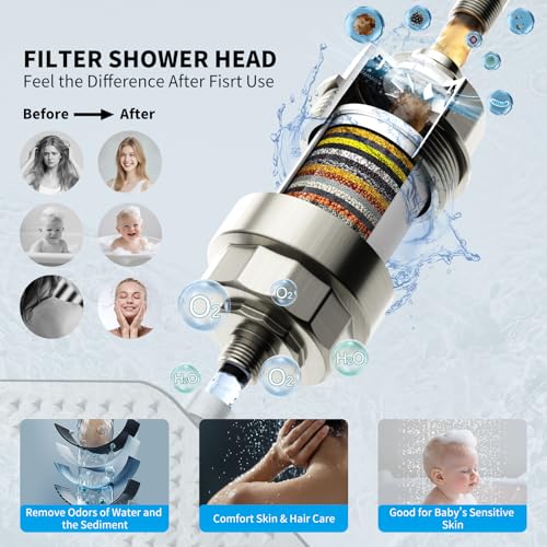 Shower Faucet Set Shower System - EMBATHER Brushed Nickel Push Button Diverter Filtered Dual Shower Faucet Valve Kit with Rain Ceiling Mount 10'' Shower Head 6'' Wall Mount, 9 in 1 Handheld for Couple