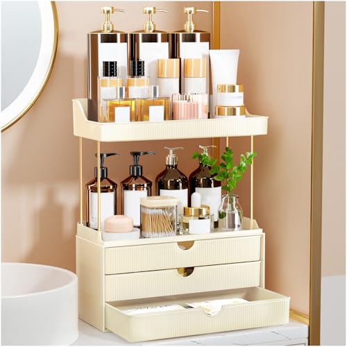 StorBin Arcylic 5-Tier Makeup & Skincare Organizer for Vanity, Bath | Smooth 3 drawers, clear body, gold frame, non-slip, for perfumes, serums, face masks, palettes, vanity & bath counter,white - color: Cream White, size: 3 Drawers