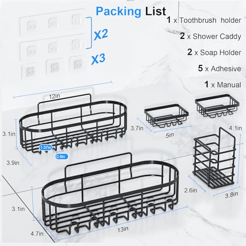 GearFusion Shower Caddy Adhesive Bathroom shelves,5 Pack Rustproof Stainless Steel Bathroom Storage, Space-Saving Shower Organizer with Soap Toothbrush Holder & 18 Hooks,No Drill Rack for Home Decor