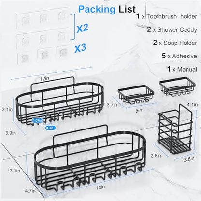 GearFusion Shower Caddy Adhesive Bathroom shelves,5 Pack Rustproof Stainless Steel Bathroom Storage, Space-Saving Shower Organizer with Soap Toothbrush Holder & 18 Hooks,No Drill Rack for Home Decor