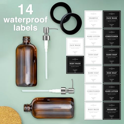 Vine Creations Amber Glass Soap Dispenser, 2 Pack Kitchen Soap Dispenser Set with Stainless Steel Pump, 16 oz Hand Soap or Dish Soap for Bathroom or Kitchen with Waterproof Labels - color: Amber Bottle / Silver Pump