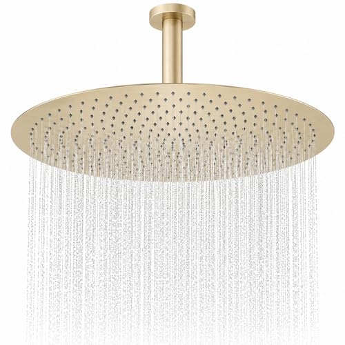 16 Inch Rainfall Shower Head, BSTIIU Stainless Steel Round Shower Head, Extra Large Ceiling Mount Shower Heads, Brushed Gold - color: Brushed Gold, size: 16-Inches, style: Round