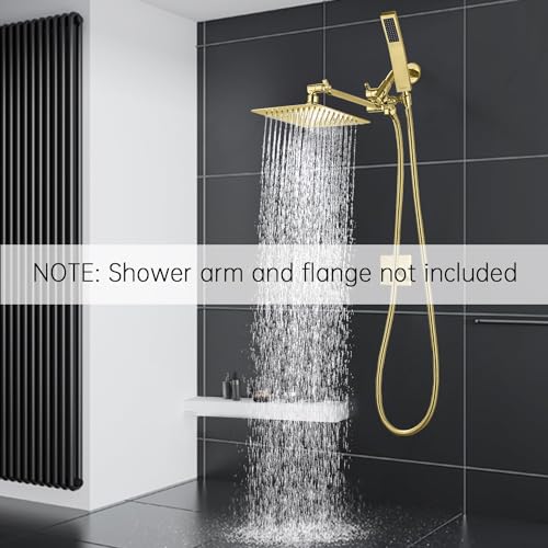 G-Promise All Metal 10" Dual Square Shower Head Combo | Rain Shower Head | Handheld Shower Wand | Adjustable | 3-Way Diverter | 71" Extra Long Hose - A Bathroom Upgrade (Polished Brass) | Built to Last, Easy Install, Adjustable Height & Angle for All Heig