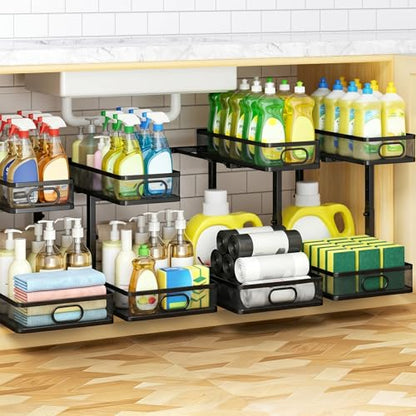 Under Sink Organizer 4-Pack, Metal 2-Tier Pull-Out Cabinet Shelf with Slide-Out Mesh Drawers, Height Adjustable, Space-Saving Storage Racks for Kitchen, Bathroom, Laundry Room - color: Black-4 Pack