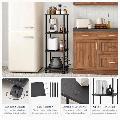 4-Tier 38.2" Tall Black Bathroom Shelving Unit with Wheels | Wood Finish, Metal Frame, Rolling Narrow Open Shelf Design, for Laundry Room, Kitchen, Living Spaces, Easy to Move - color: Black, size: 4-Tier