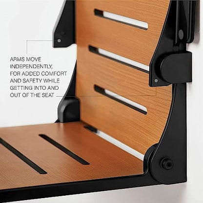 Seachrome Silhouette Comfort Folding Wall Mount Shower Bench Seat with Arms, White Seat with Matte Black Frame - color: White Seat With Matte Black Frame and Black Arm Pads