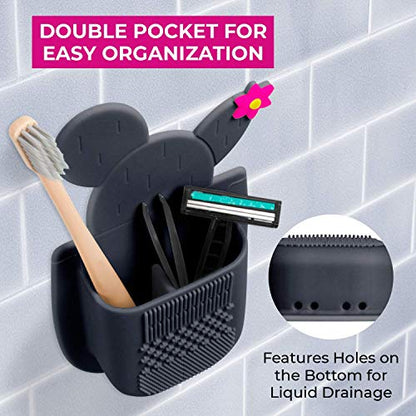 Lindo SiliPocket Silicone Makeup Brush Holder - Toothbrush Holder, Included Brush Cleaning Pad, Extra Strong Self-Adhesive Sticks Easy to Mirrors (Dark Gray) - color: Gray