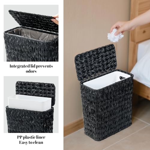 Coeusy Black Wicker Trash Can with Lid and Liner,Waterproof Narrow Waste Basket for Bathroom,Bedroom,Office,3 Gallon - color: black