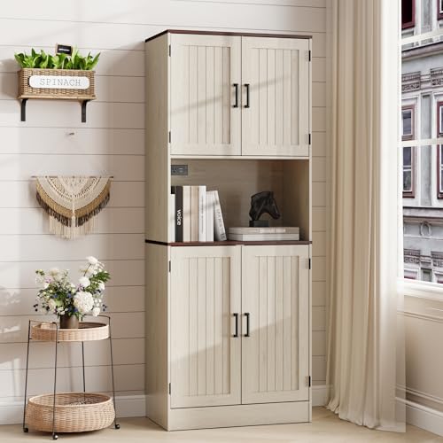 MHOM 71" Tall Pantry Cabinet with Charging Station, Farmhouse Kitchen Hutch with Adjustable Shelves, Modern Kitchen Pantry Storage Cabinet for Dinning Room & Living Room, Antique Oak - color: Oak
