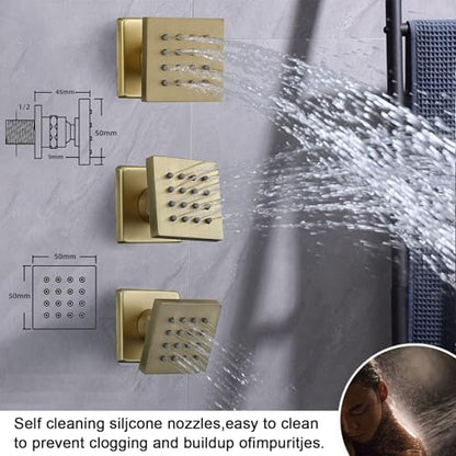 Thermosttic Shower Faucet Set Brushed Gold Shower System with 12 and 8 inch Rain Shower Head, 4 Body Jets, Handheld Spray - color: Brushed Gold, size: 12+8" Ceiling Shower