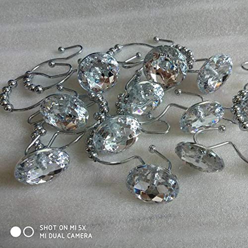 Shower Window Curtain Double Hooks，Stainless Steel Rustproof Crystal Rhinestones Gem Hooks 12-Pack (Rhinestone White)
