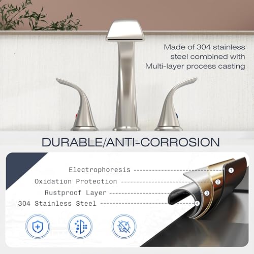 Bathroom Faucets 3 Hole Bathroom Sink Faucet with Pop Up Drain and Water Supply Hoses 8 Inch Waterfall Bathroom Faucet Two Handles for Vanity,Lavatory,Restroom,Commercial,Brushed Nickel - color: Brushed Nickel