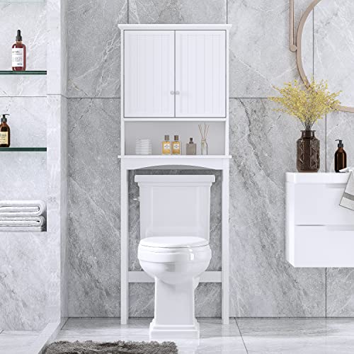 UTEX Over the Toilet Storage Cabinet with Doors, Adjustable Shelf, White | Raised-Panel Doors, Adjustable Interior Shelf, Open Storage, Anti-Tip Device, 33-Inch Clearance, FSC-Certified Wood