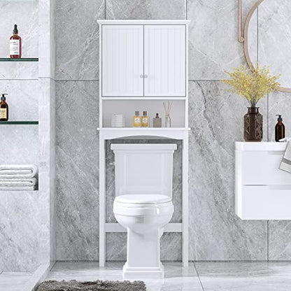 UTEX Over the Toilet Storage Cabinet with Doors, Adjustable Shelf, White | Raised-Panel Doors, Adjustable Interior Shelf, Open Storage, Anti-Tip Device, 33-Inch Clearance, FSC-Certified Wood
