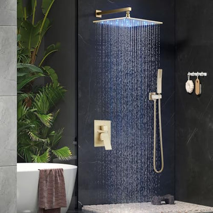 Aolemi Shower Faucet Set with Valve Handheld 16" LED Head Brushed Gold | Handheld Spray,16 Inch Rain LED Head,Valve and Trim Kit,All Metal,Wall Mount Shower System,Bathroom Mixer - color: Gold, size: 16 Inch LED Shower Head