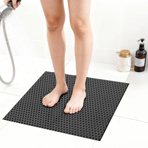 Extra Large Non-Slip Shower Mat, Fast-Dry PVC Bath Stall & Tub Mat, Drain-Hole Design,for Shower Stall Tub for Elderly/Kids，Non Slip Bathroom Safety Accessory，Black 21"x21" - color: Black, size: 21" x 21" (Rectangular)