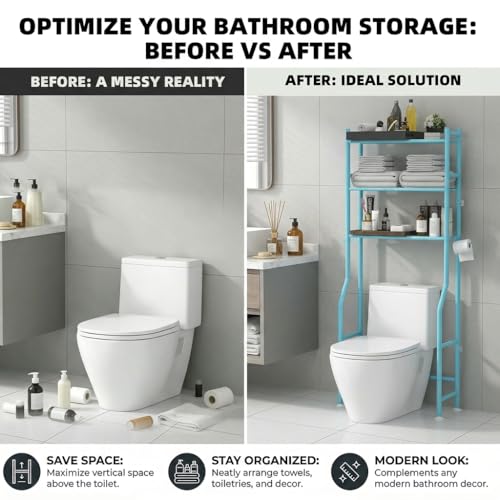 GloTika 3-Tier Over Toilet Storage, Anti-Tilt, 64" H, Blue | Anti-Tilt Safety System, 150lb Capacity, Carbon Steel, Freestanding, No Drilling, Anti-Rust Coating, Paper Holder & 4 Hooks - color: Blue, size: 3-Tier
