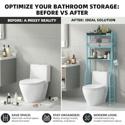 GloTika 3-Tier Over Toilet Storage, Anti-Tilt, 64" H, Blue | Anti-Tilt Safety System, 150lb Capacity, Carbon Steel, Freestanding, No Drilling, Anti-Rust Coating, Paper Holder & 4 Hooks - color: Blue, size: 3-Tier