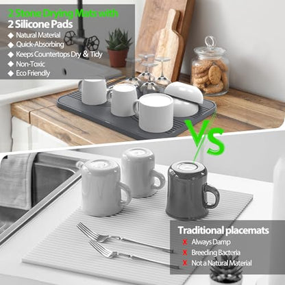 2 PCS Stone Dish Drying Mat ＆ Silicone Mat for Kitchen Counter – Diatomaceous Earth Bath Mat for Bathroom, 16.14"L×12.4"W×2 Quick Dry Mats for Dishes ,Bottles, Cups, Match Any Countertop(Gray) - color: Gray