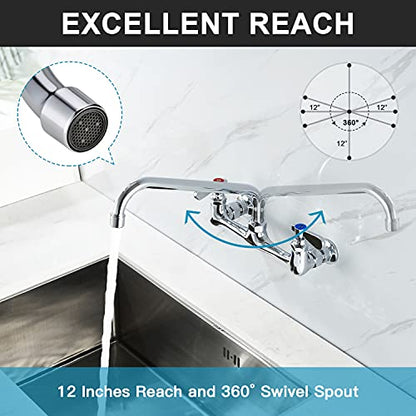 Wall Mount Commercial Sink Kitchen Faucet 8 Inch Adjustable Center | 12 Inch 360 Swivel Spout, Lead-free Brass, For Restaurant Laundry Utility Room, Easy to Install, CUPC NSF Certified - color: A Chrome, size: 12 Inch Spout