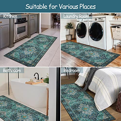 Moynesa Ultra-Thin Washable Teal Non Slip Bathroom Rug - 2x6 Laundry Room Mat, Machine Washable Non-Slip Pet Friendly Carpet Runner for Camper RV Foyer Kitchen Hallway - color: Teal, size: 2' x 6'