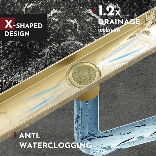 Linear Shower Drain, 24 inch Brushed Gold | Including Hair Catcher and Removable Grate, 304 Stainless Steel, Easy to Install and Clean (Drain Base Not Included) - color: Brushed Gold, size: 24 inch