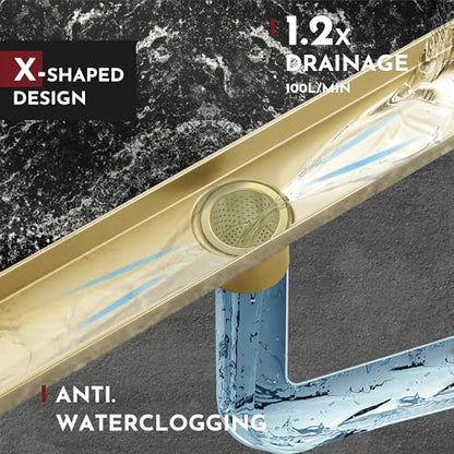 Linear Shower Drain, 24 inch Brushed Gold | Including Hair Catcher and Removable Grate, 304 Stainless Steel, Easy to Install and Clean (Drain Base Not Included) - color: Brushed Gold, size: 24 inch