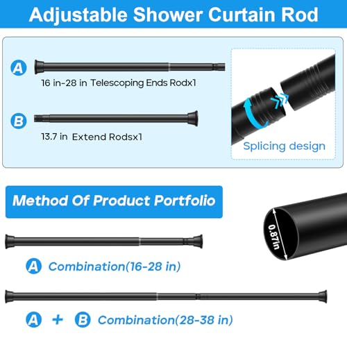 MEXAU 2 Pack Black Spring Tension Curtain Rods 16-37 Inch Small Shower Rod | Adjustable Tension Rods No Drilling for Window, Bathroom, Closet, 7/8"Spring Tension Rods,Small Shower Curtain Rod,Iron - color: Black-2P, size: 16-37 inch