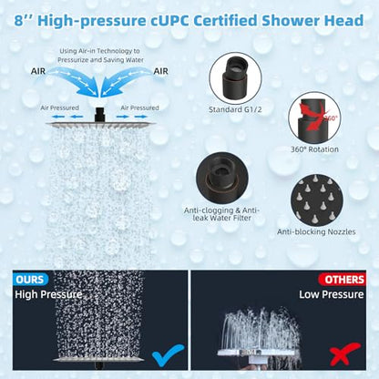 Hibbent All Metal CUPC Certified 8'' Rain Shower Head, Dual Shower Head Combo, High Pressure Handheld 4 Sprays Shower Wand, 16'' Adjustable Extension Arm, 71'' Hose, Shower Holder, Oil Rubbed Bronze - color: Oil Rubbed Bronze, style: Square 8''