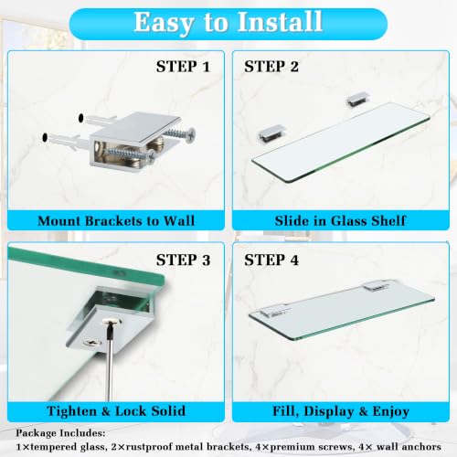Alise Glass Shelves for Bathroom,15 Inch Wall Mounted Floating Shelf,Chrome | Tempered Glass Shelf,Metal Brackets,Rectangular,Floating Glass Shelves,Over Toilet,Vanity,Bedroom,Kitchen,1 Pack - color: Chrome