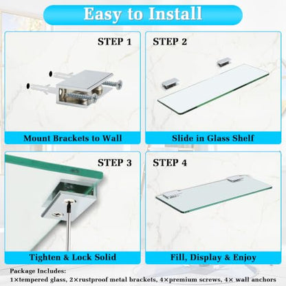 Alise Glass Shelves for Bathroom,15 Inch Wall Mounted Floating Shelf,Chrome | Tempered Glass Shelf,Metal Brackets,Rectangular,Floating Glass Shelves,Over Toilet,Vanity,Bedroom,Kitchen,1 Pack - color: Chrome