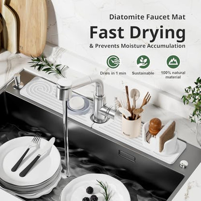 Quick Dry Sink Splash Guard - 15.8" Quick Drying Diatomite Earth Faucet Mat | Faucet Mat for Kitchen Sink, Water Absorbent Diatomaceous Earth Stone Sink Tray for Bathroom Counter - White