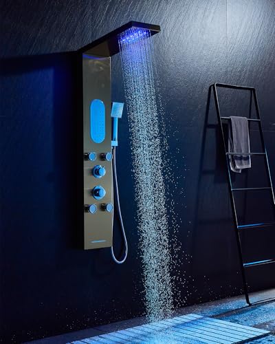 5-Jet LED Shower Panel Tower System Stainless Steel Brushed Gold | Rainfall head | 5 body jets | Handheld shower | LED lights | Brushed gold finish | Wall mount - color: Gold