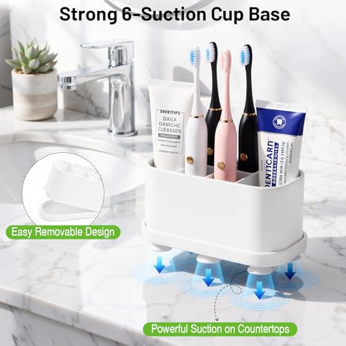 Luxspire Toothbrush Holders for Bathrooms, Silicone, 5 Slots, White | Toothbrush Organizer with Suction Cup Tray, Toothbrush Holder with Drainage for Bathroom Countertop - color: White