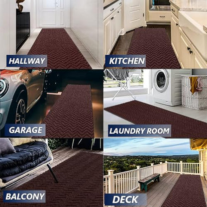 Runner Rug Non-Slip Indoor/Outdoor, 1FT x 5FT Rubber Back Carpet Mat for Hallway Stairs Kitchen Entryway Laundry Bathroom Office, Low Profile Anti-Skid Durable Floor, Brown