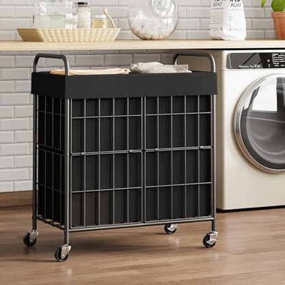 100L 2-Section Laundry Hamper with Wheels, Laundry Basket with Liner Bag | Lockable Casters; Divided Removable Liner; Reinforced Steel Frame; Metal Handle - color: Black, size: 100L-2 Sections