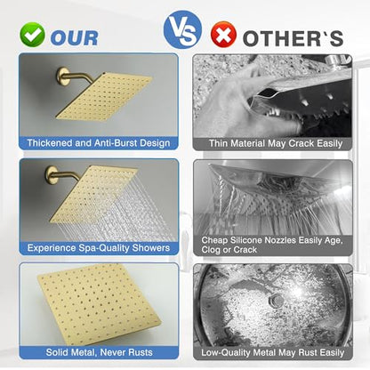 Solid Metal Rain Shower Head, Square High Flow Rainfall Shower Head with Shower Arm and Flange, Reinforced Explosion-Proof Stainless Steel Construction (10-Inch, Brushed Gold) - color: Brushed Gold, size: 10 Inch