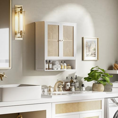 HITNET Rattan Wall Cabinet, Bathroom Hanging Storage Cupboard Over the Toilet, Space Saving Medicine Cabinet with Adjustable Shelf, White - color: White