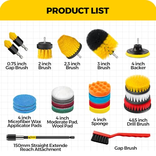 Holikme 22Pack Drill Brush Attachments Set,Scrub Pads & Sponge, Buffing Pads,Power Scrubber Brush,Car Polishing Pad Kit,Wax Applicator Pad,Car Cleaning Kit,Masonry Brushes,Cleaning Supplies | Buffing Sponges, Nylon Grout Tools, Microfiber Wax Pads, Tile B