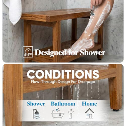 AquaTeak The Original 36" Spa Teak Shower Bench - Shower Stool with Storage Shelf for Bathroom - Durable Water Resistant Shower Chair - Shaving Foot Rest - Indoor & Outdoor Use
