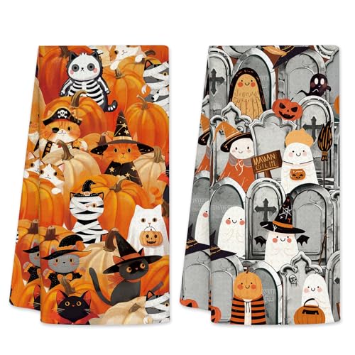 Cat Kitchen Towels, Pumpkin Hand Towels for Kitchen, Cats Lover, Cat Dish Towels Gifts for Kitchen, Bathroom Decor, 2 Pack Waffle Dish Towels Gift for Christmas Thanksgiving 26x17 inch - color: Halloween-grey