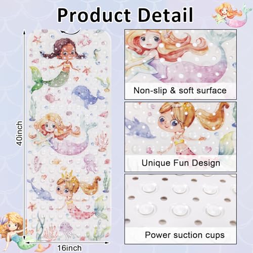 Topotdor Kids Bathtub Mat Non Slip, Tub Mat with Suction Cups 40x16 Inch | Nautical Mermaid Bath Mats for Baby , Extra Long Washable Bath Tub Mat with Drain Holes for Bathroom inside Tub - color: Pink Mermaid