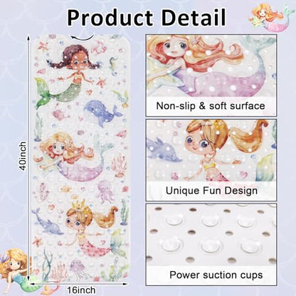 Topotdor Kids Bathtub Mat Non Slip, Tub Mat with Suction Cups 40x16 Inch | Nautical Mermaid Bath Mats for Baby , Extra Long Washable Bath Tub Mat with Drain Holes for Bathroom inside Tub - color: Pink Mermaid