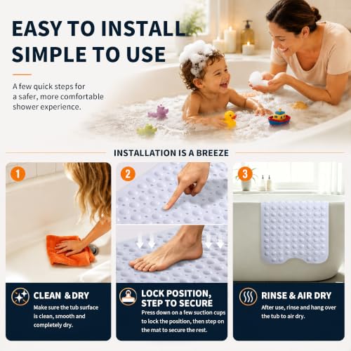 Yimobra White Non Slip Bath Mat for Tub 40" x 16", Extra Long Bath Tub Mat | Soft Underfoot Comfort, Strong Suction Cups, Machine Washable Bathtub Mat, Drain Holes, Large Shower Mats for Inside Shower - color: White