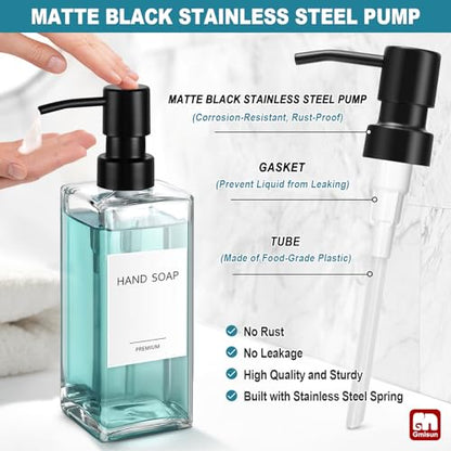 GMISUN Glass Soap Dispenser with Stainless Steel Pump, Clear Hand Soap Dispenser for Bathroom, 12 fl oz/350ml Hand and Dish Soap Dispensers Set for Kitchen, Refillable Liquid Soap and Lotion Bottle - color: Clear Bottle + Black Pump