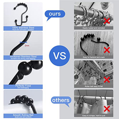 SUTINE Shower Curtain Hooks, 12 Pcs Double Shower Curtain Hooks Rings, Black Shower Curtain Hooks Rust Proof, Stainless Steel Bathroom Shower Hooks for Shower Curtain, Towels, Clothing, Black - color: Black