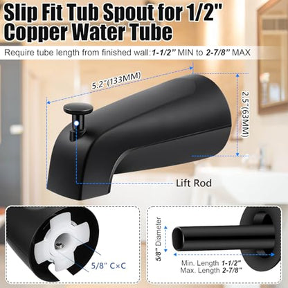 Diverter Tub Spout Compatible with Kohler GP85556-CP (Matte Black) | Slip On Bathroom Bathtub Faucet Replacement for 1/2"Copper Water Tube, Metal Cover Ring and Foam Gasket Included - color: Matte Black