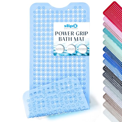 SlipX Solutions 39"x16" Power Grip Non Slip Bathtub Shower Mat, Lt Blue | Stronger Wet Surface Protection, Soft Under Foot, 265+ Suction Cups, Large Drainage Holes - color: Clear Light Blue